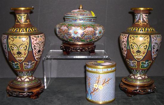 Appraisal: Cloisonne pair of contemporary vases with fanged masque motif in