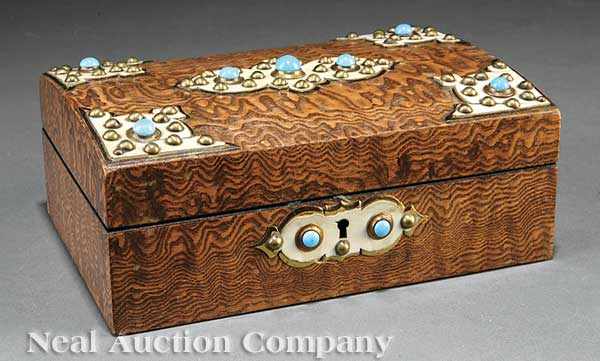 Appraisal: An Antique English Faux Bois and Bejeweled Hinged Box brass