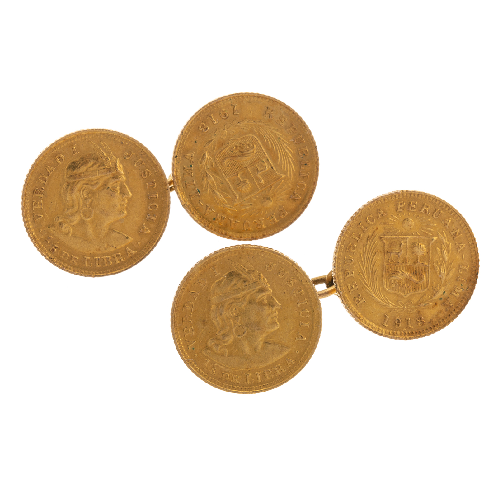 Appraisal: A PAIR OF LIBRA PERU COIN CUFFLINKS Each coin is