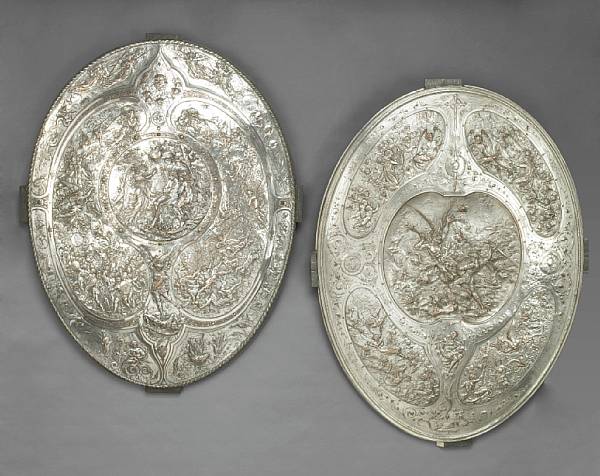 Appraisal: Two Elkington amp Co silverplated repousse decorated shields modeled and