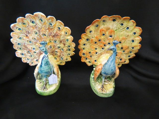 Appraisal: Pair of Czechoslovakian Art Pottery PeacockFigurines majolica glaze Erphila tall