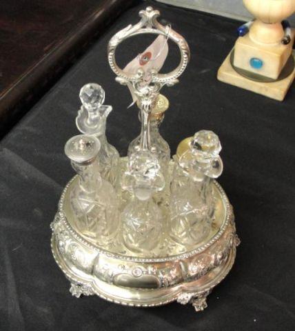 Appraisal: Cut Glass and Silverplate Condiment Set pieces plus handled tray