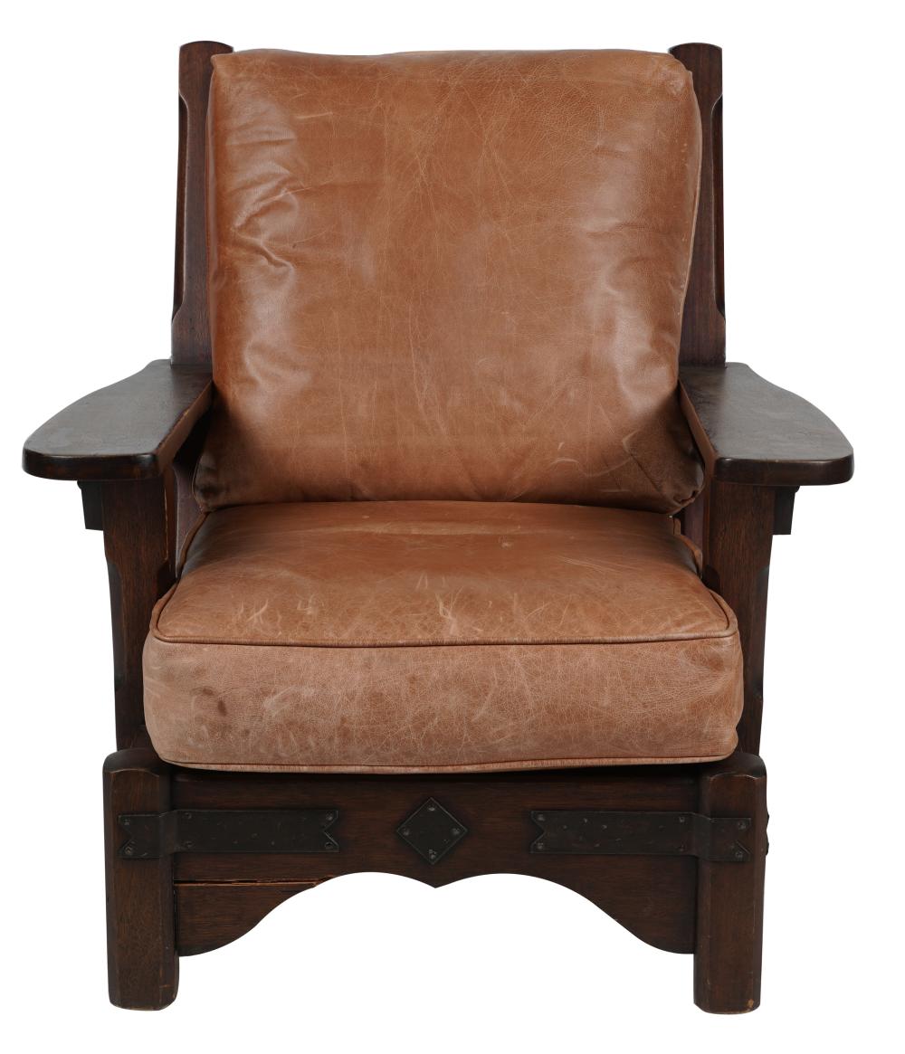 Appraisal: MONTEREY-STYLE OAK CLUB CHAIRthe stained oak frame with iron straps