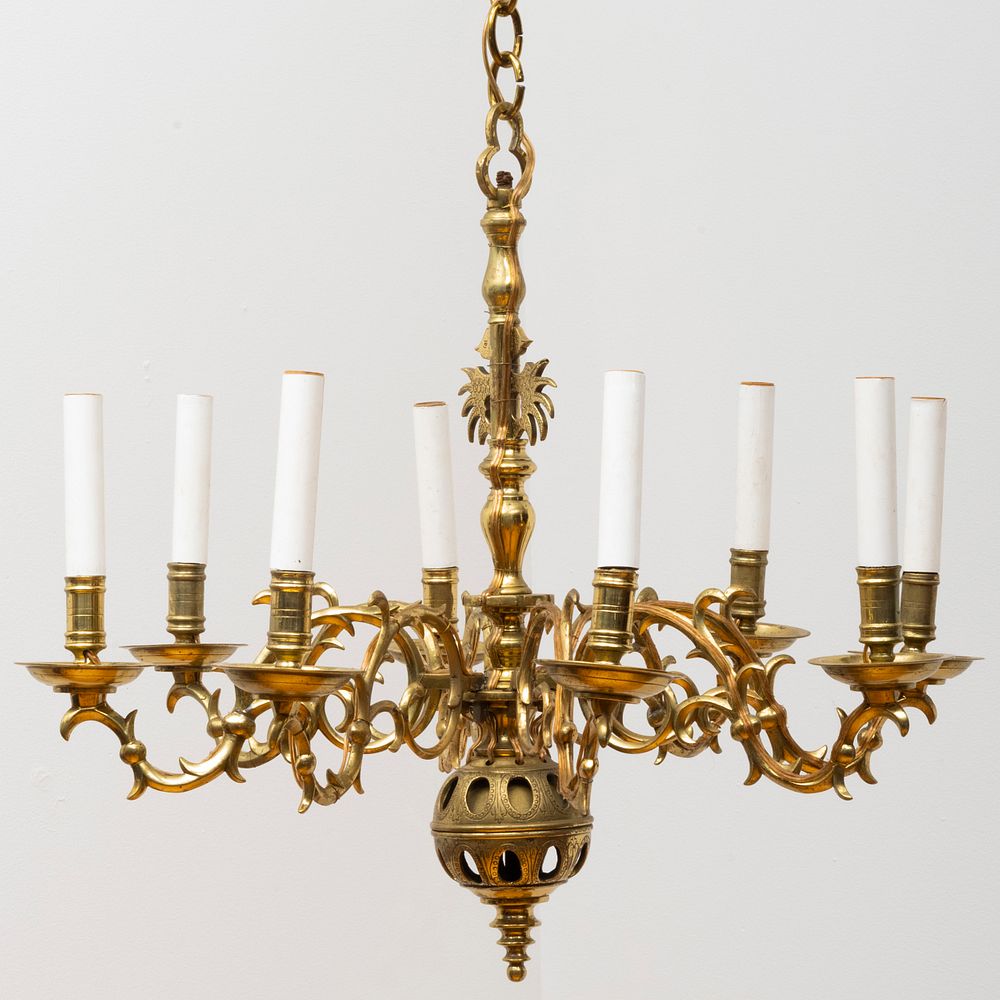 Appraisal: Continental Engraved Brass Eight-Light Chandelier The chandelier x in Condition