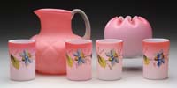 Appraisal: SIX SATIN GLASS ITEMS Pink quilted satin glass water pitcher