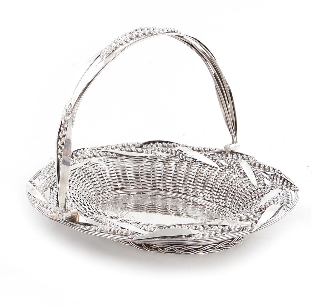 Appraisal: Victorian sterling cake basket Sheffield dated oval basket-weave with applied