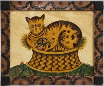 Appraisal: AMERICAN THEOREM PAINTING OF A CAT IN A BASKET Watercolor