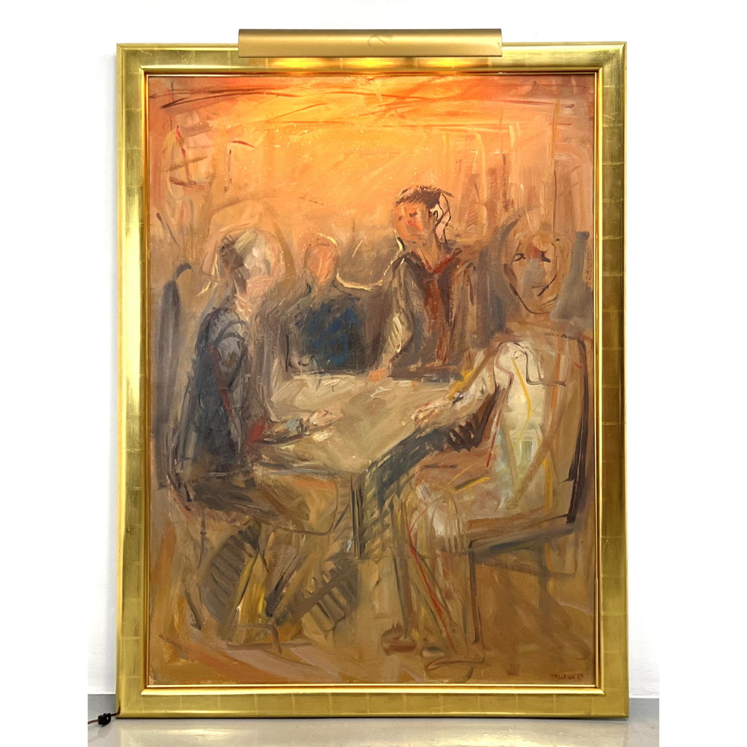 Appraisal: Signed Painted Sketch of Four People Seated at Table Canvas