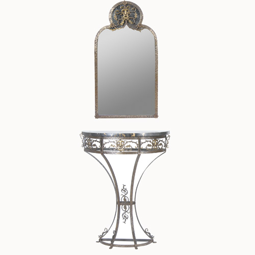 Appraisal: OSCAR BACH Wrought-iron wall mirror and marble-topped console table with