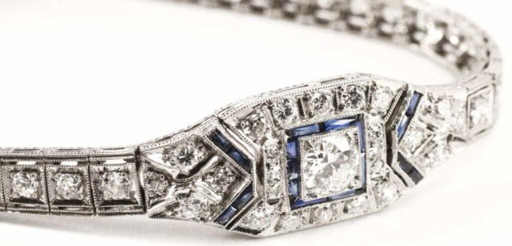 Appraisal: ART DECO STYLE PLAT LAB SAPPHIRE DIAMOND BRACELETEstate Art Deco