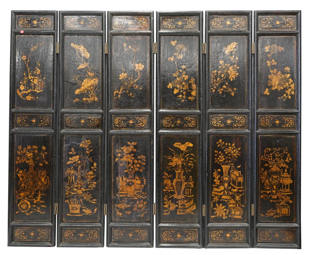 Appraisal: CHINESE SIX-PANEL SCREENebonized wood with gilt painted decoration each panel