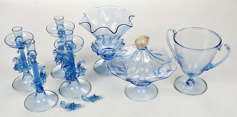 Appraisal: Seven Pale Blue Venetian Glass Table Items Italian th century