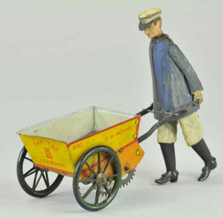 Appraisal: LEHMANN TAP-TAP Germany lithographed tin depicts man pushing wheelbarrow clockwork