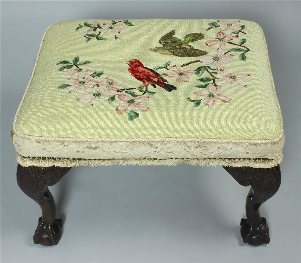 Appraisal: GEORGE III STYLE MAHOGANY BENCH the rectangular needlepoint seat on