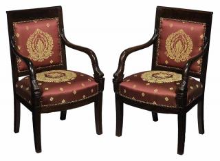 Appraisal: Pair Empire Dolphin Upholstered Open-Arm Chairs fine Scalamandre silk upholstery