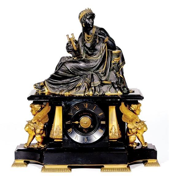 Appraisal: French bronze and marble mantel clock circa bronze Classical figure