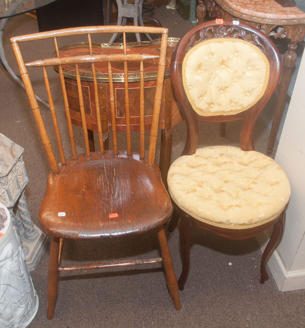 Appraisal: Two chairs including plank-seat side chair and a Victorian upholstered