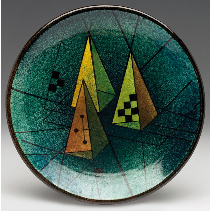 Appraisal: Myrton Purkiss plate detailed and colorfully paintedgeometric designs signed original