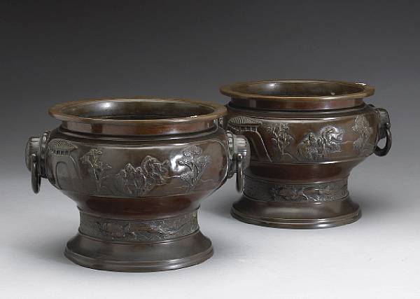 Appraisal: A pair of patinated bronze hibachi Meiji Taisho Period Each