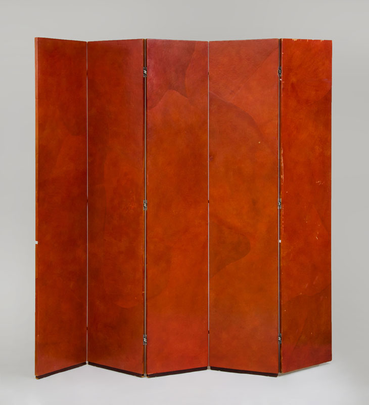 Appraisal: STYLE OF CARL SPRINGER FLOOR SCREEN Painted leather and faux