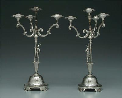 Appraisal: Pair four cup candelabra each with central post with Asian