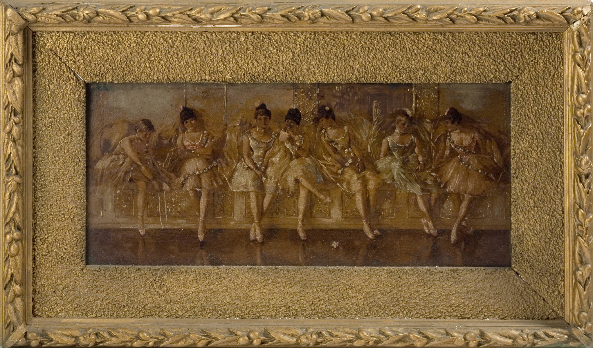 Appraisal: SEVEN BALLERINAS RESTING A FRAMED MAHOGANY PANEL WITH DEPICTION OF