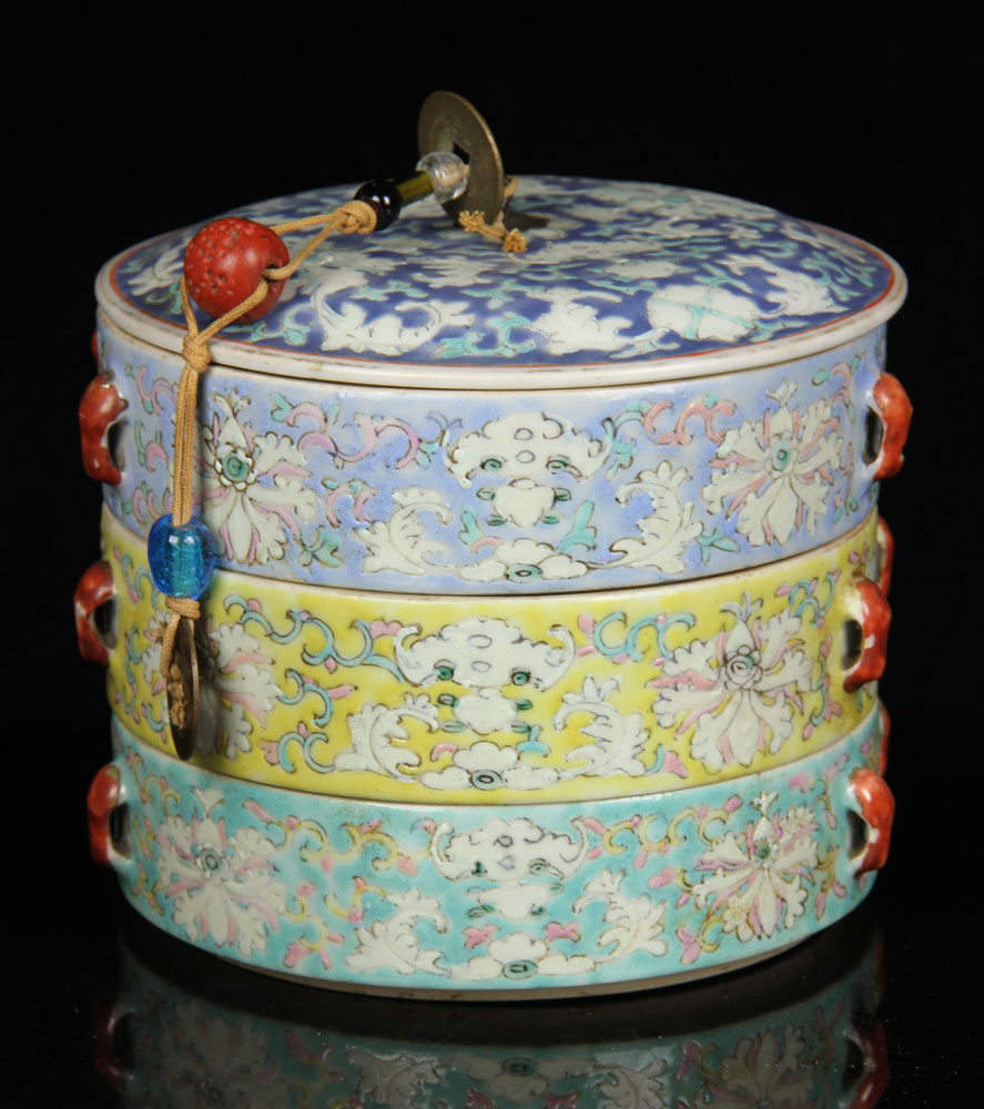 Appraisal: - Chinese Famille Rose Stacked Candy Box Porcelain Chinese famille