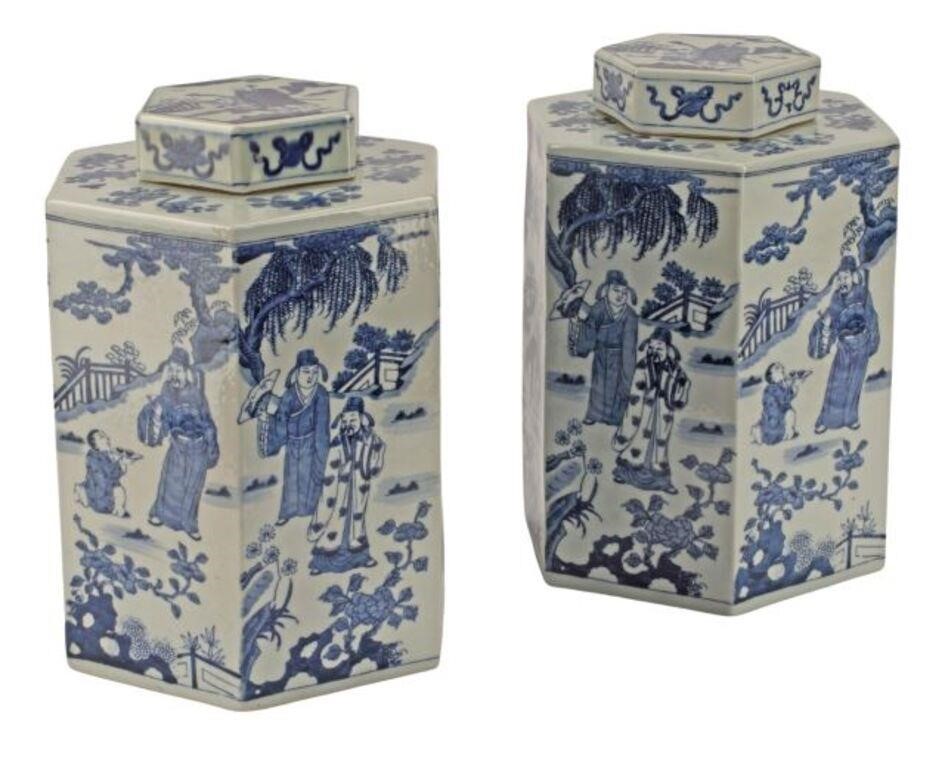 Appraisal: pair Chinese blue and white porcelain hexagonal tea caddies with