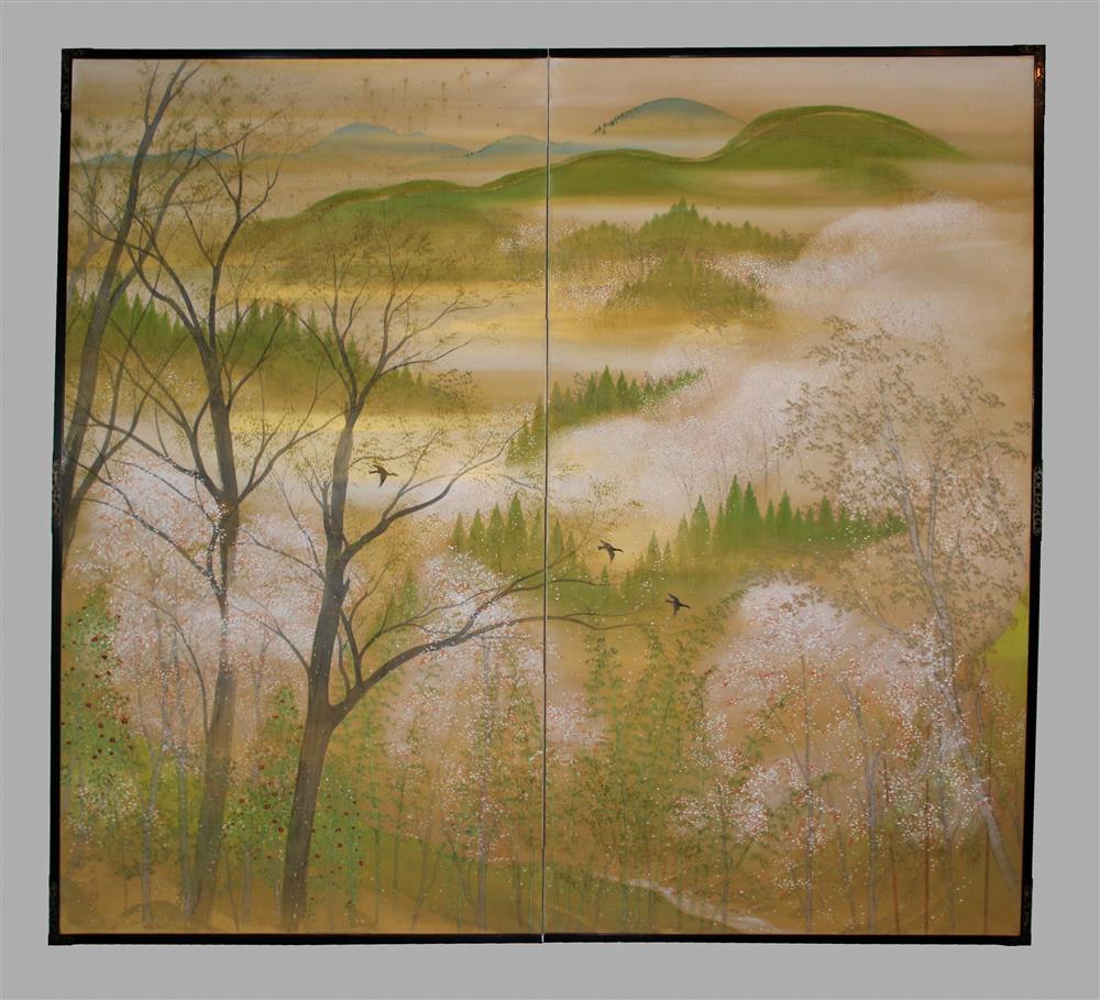 Appraisal: GEESE IN FLIGHT AMIDST SUMMER MOUNTAINS TWO PANEL SCREEN ink