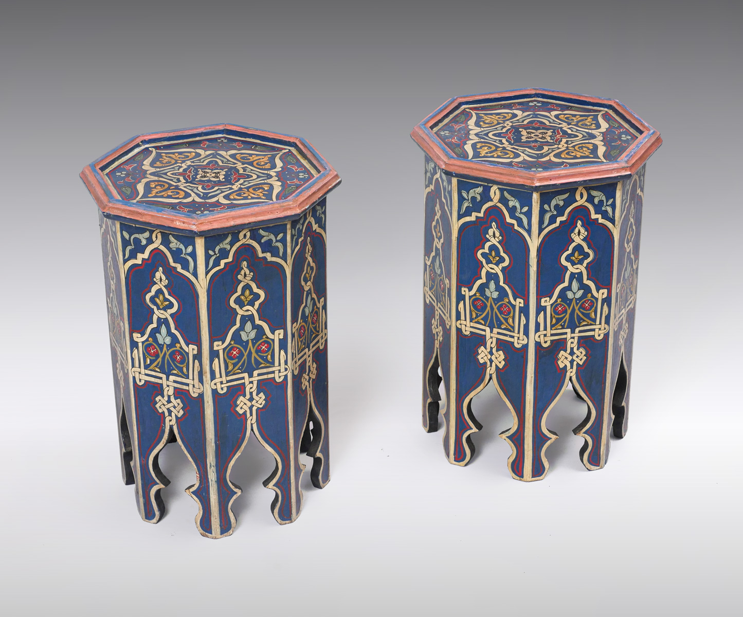 Appraisal: MOORISH PAINTED TABOURET TABLES - Pair of hand-painted Tabouret tables