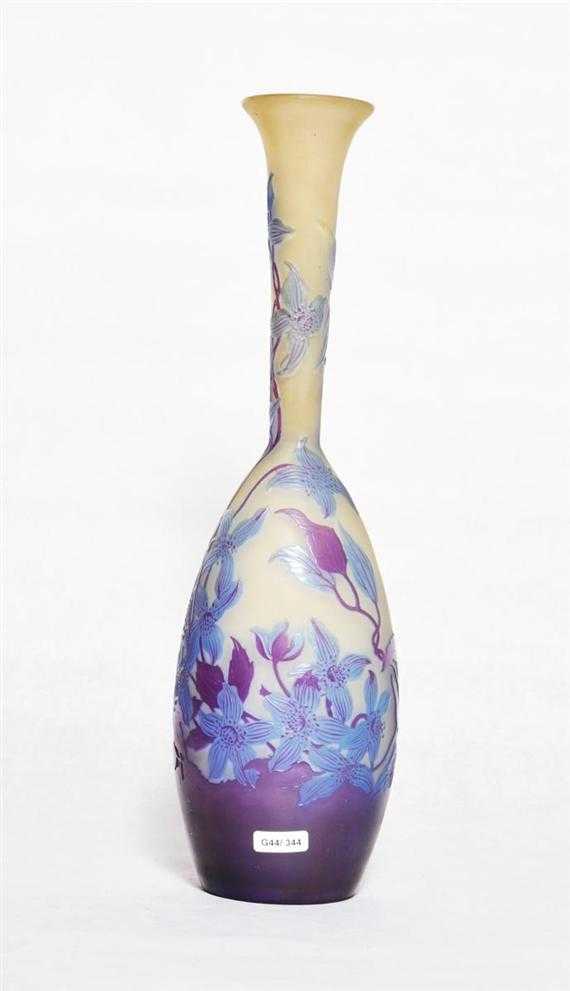 Appraisal: GALL MILE BUD VASE circa Acid-etched yellow glass with blue