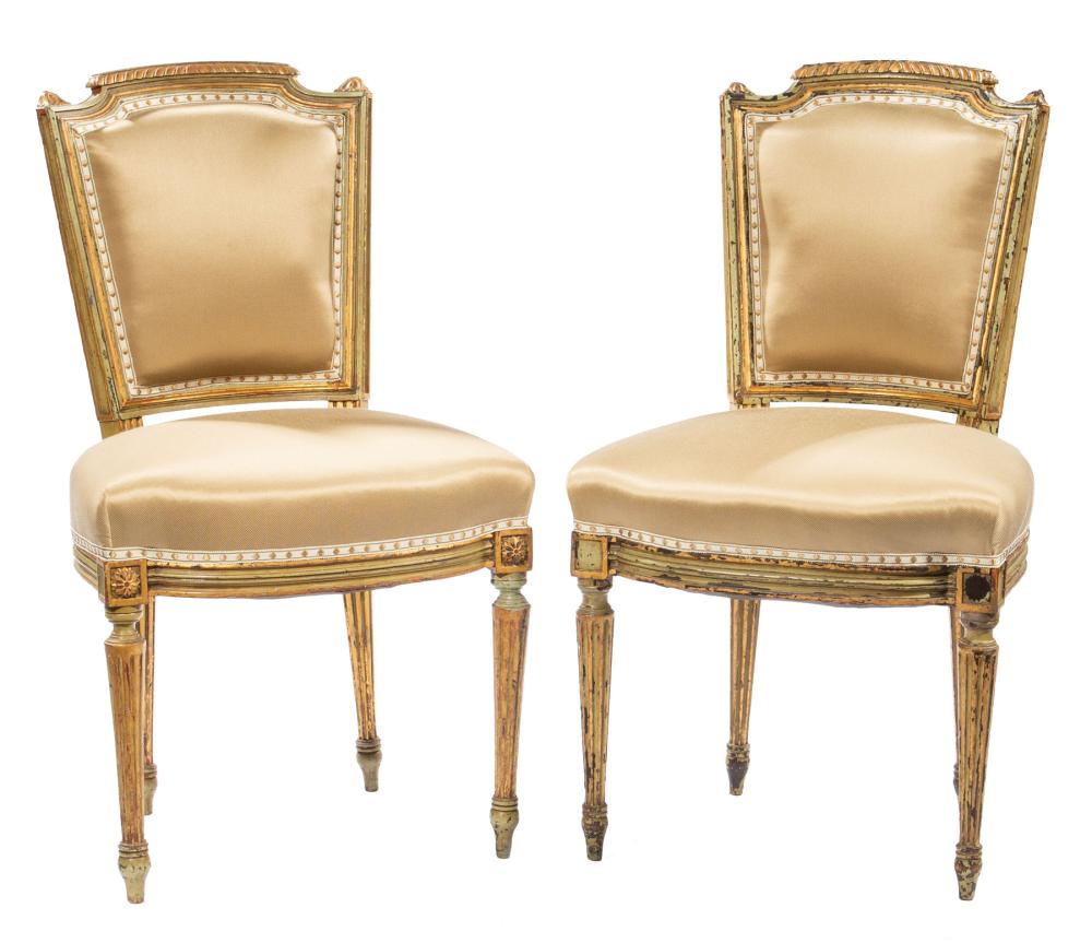 Appraisal: Pair of Antique Louis XVI-Style Gilt and Vert Peinte Side