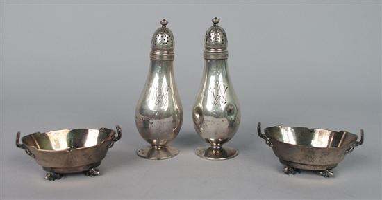 Appraisal: PAIR OF UNUSUAL AMERICAN SILVER OPEN SALTS and a PAIR