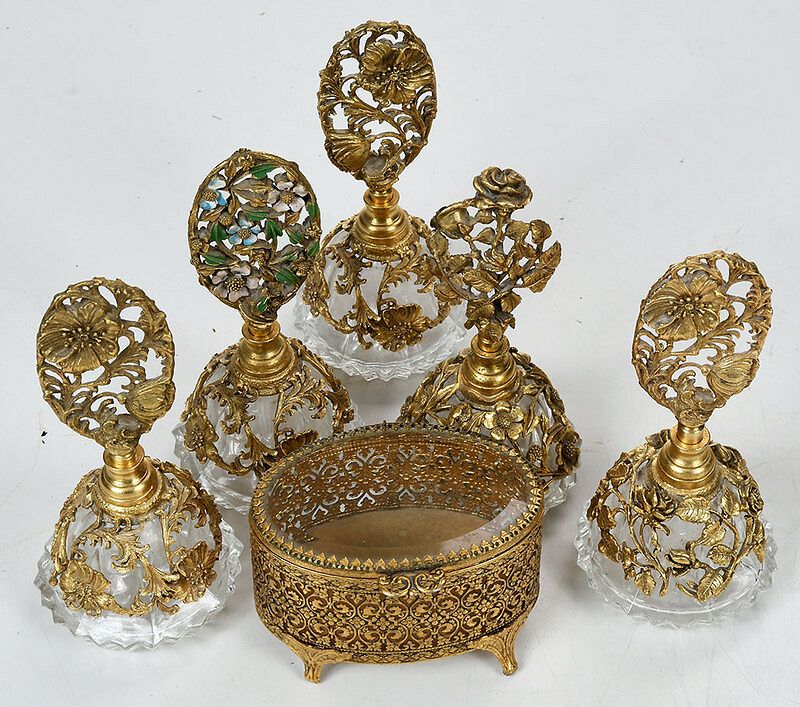 Appraisal: Seven Piece Gilt Metal Mounted Vanity Set Continental th century