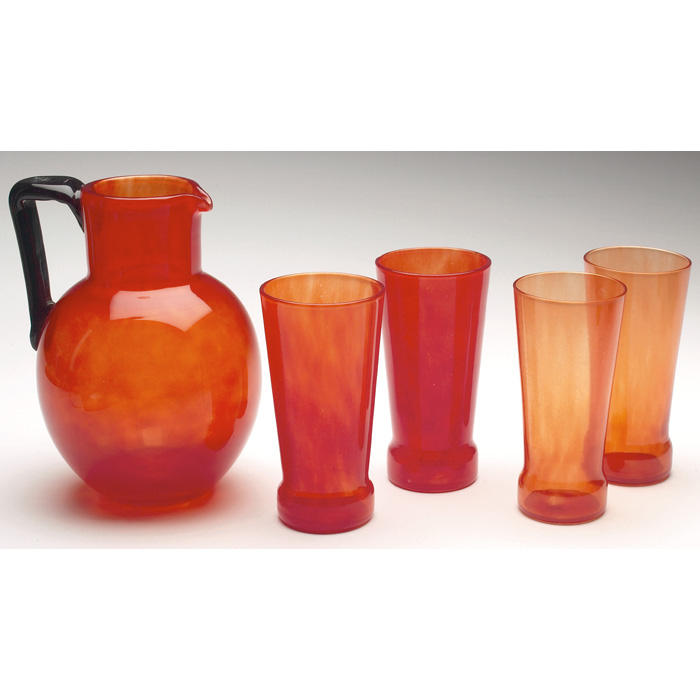 Appraisal: Schneider water set attribution pitcher in orange glass with black