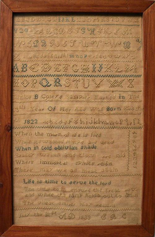 Appraisal: Silk on linen sampler dated wrought by Eunice B Coley