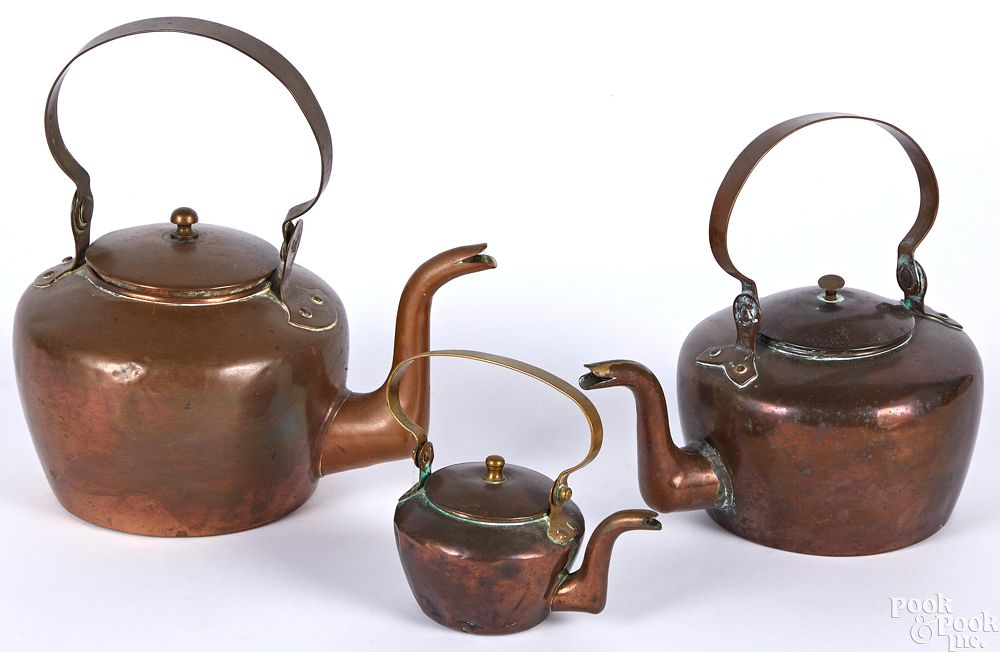 Appraisal: Three small copper kettles Three miniature copper kettles th c