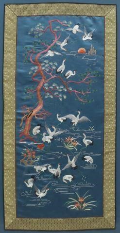 Appraisal: Framed Chinese textile blue silk ground with embroidered gold design