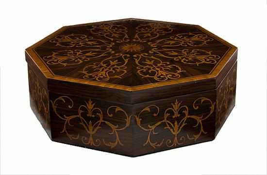 Appraisal: Marquetry inlaid octagonal box Renaissance-inspired motifs with hinged covered opening