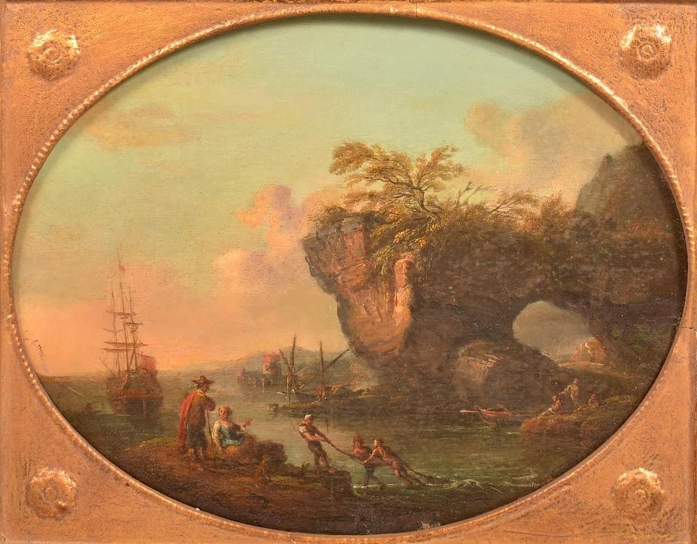 Appraisal: th Cent Oil on Board Painting Fishing Scene Unsigned th