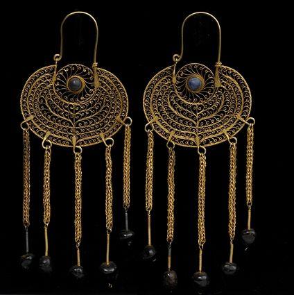 Appraisal: PAIR OF PERSIAN GOLD FILIGREE LAPIS AND GARNET EARRINGS x