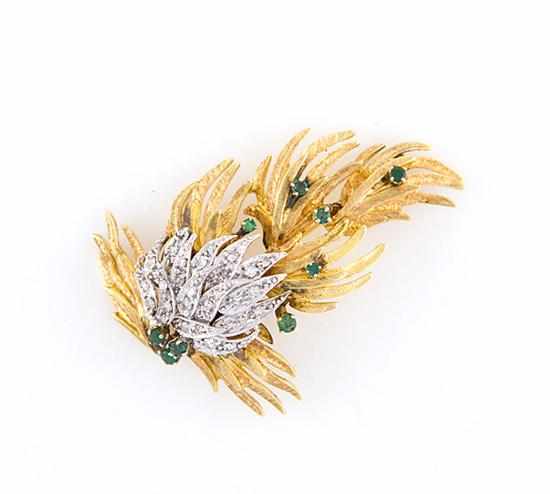 Appraisal: Karbra diamond and emerald brooch K yellow gold leaf-form set