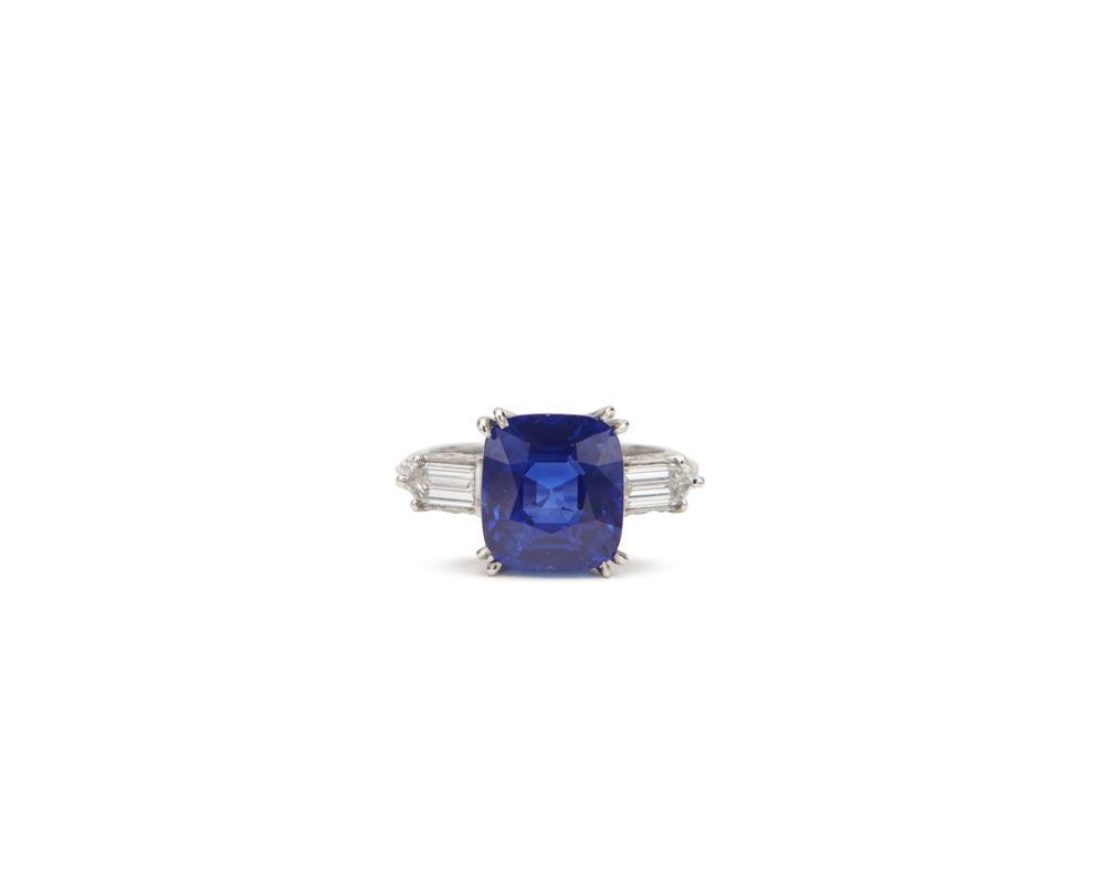 Appraisal: Platinum Kashmir Sapphire and Diamond Ring the cushion mixed-cut sapphire