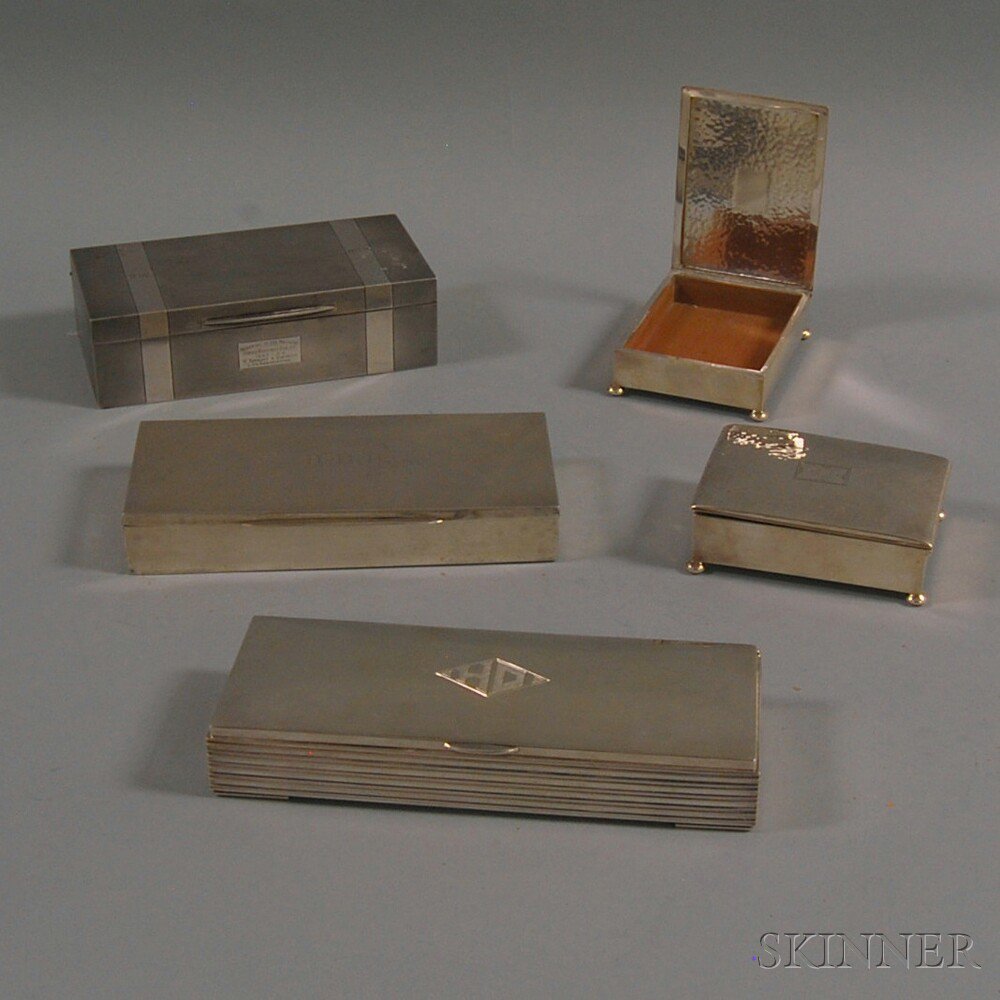 Appraisal: Five Sterling Silver-clad Jewelry and Cigar Boxes including one Watrous