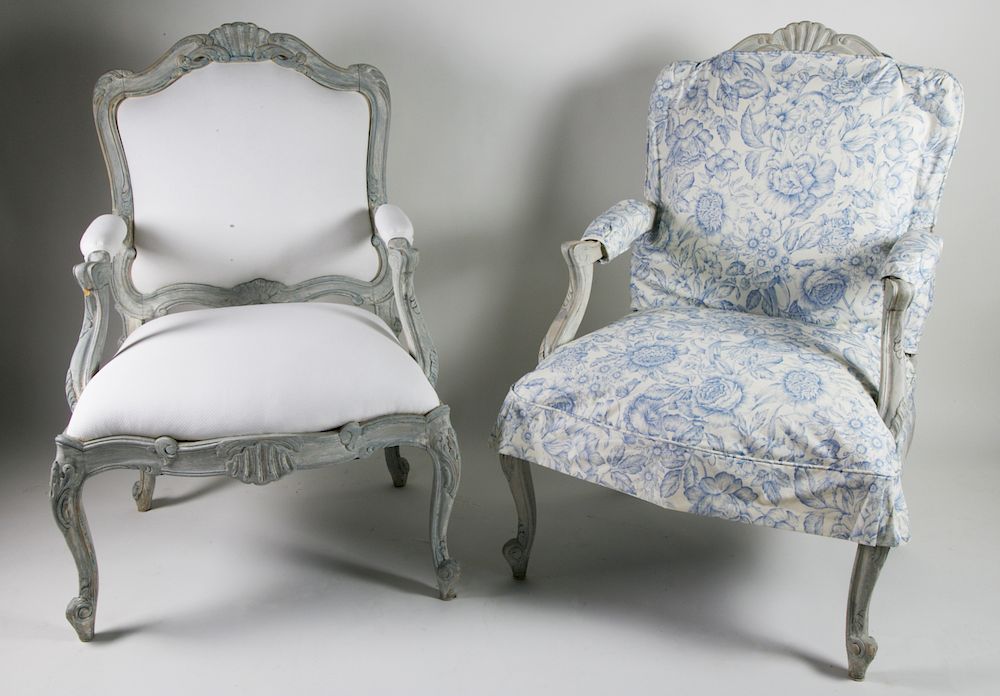 Appraisal: Pair of Louis XV Style Upholstered Open Armchairs Exclusive on