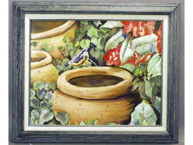 Appraisal: Oil on canvas painting of terra cotta pots in a