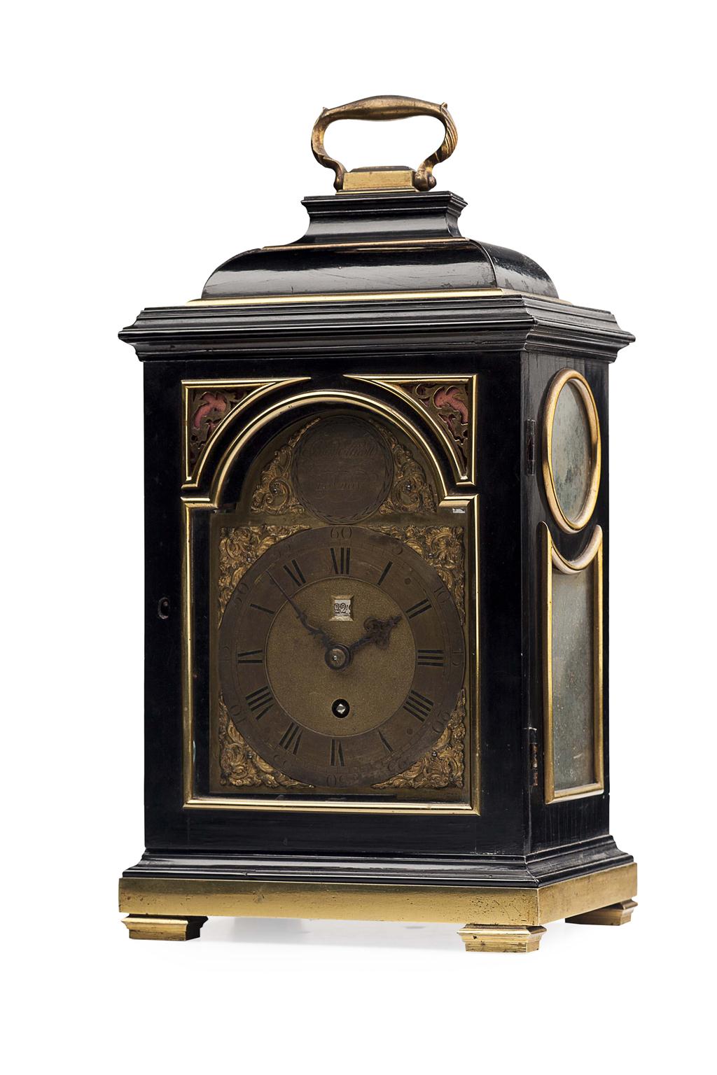 Appraisal: EBONY AND BRASS MOUNTED BRACKET CLOCK BY JOHN ELLICOTT LONDON