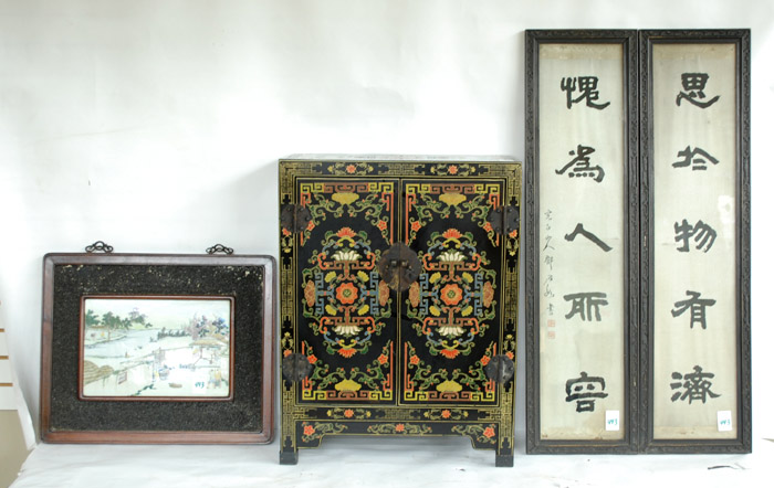 Appraisal: CHINESE CABINET AND THREE FRAMED WORKS OF ART small -door