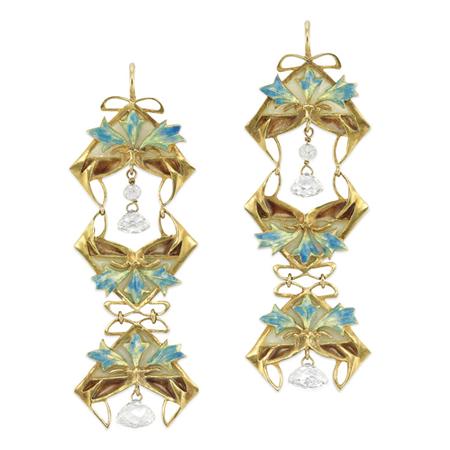 Appraisal: Pair of Gold Plique-a-Jour Enamel Enamel and Diamond Pendant-Earrings Estimate