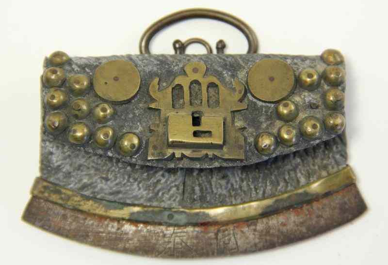 Appraisal: Antique Chinese Tobacco Pouch and Cutterleather pouch with brass studs